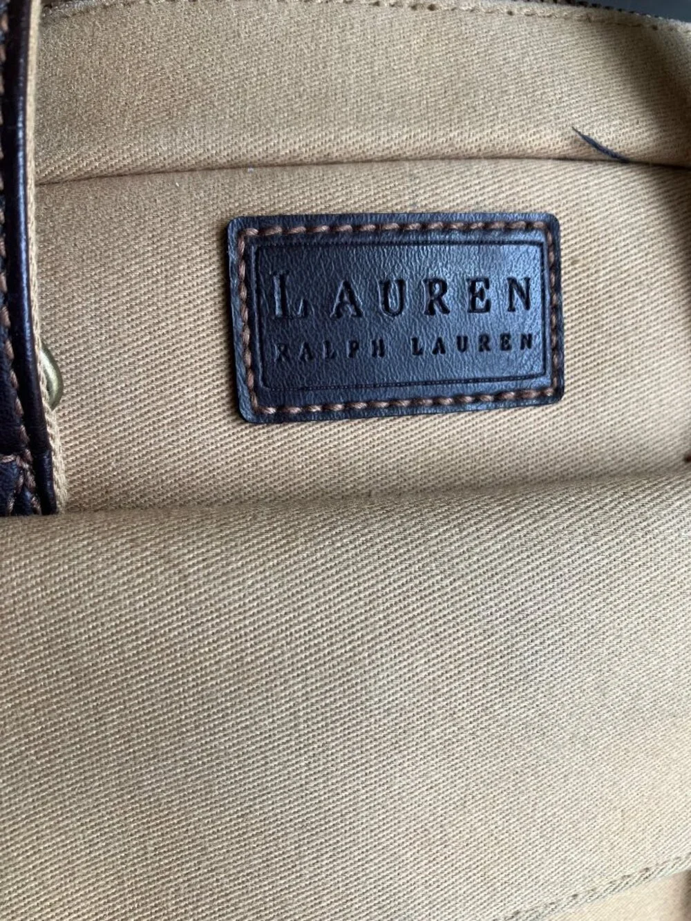 Lauren Ralph Lauren Vintage Canvas Leather Shoulder Satchel Tote Bag Beige Brown
